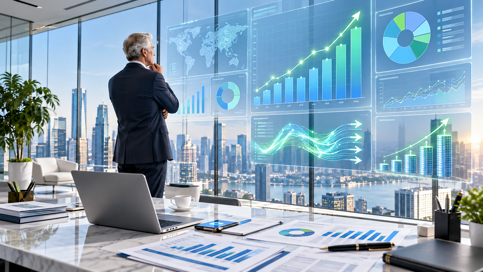 Business leader analyzing virtual financial dashboards showing automated data, forecasting, and revenue growth.