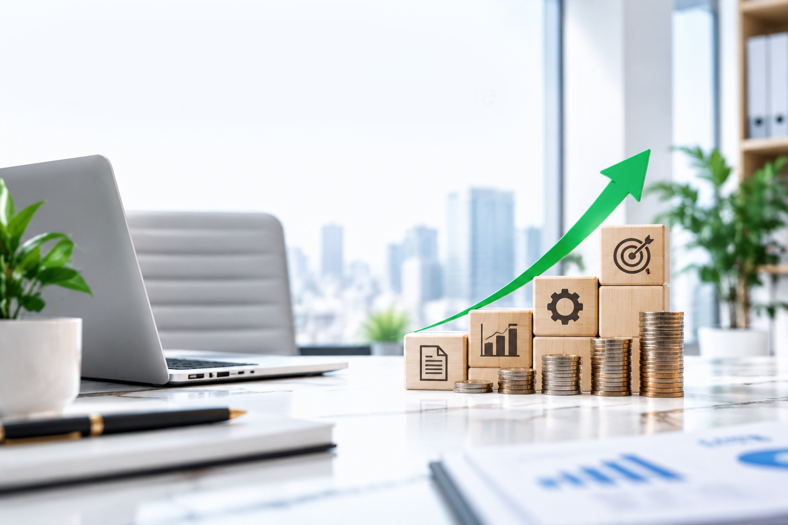 tacked wooden blocks and coins showing financial growth next to an office laptop.