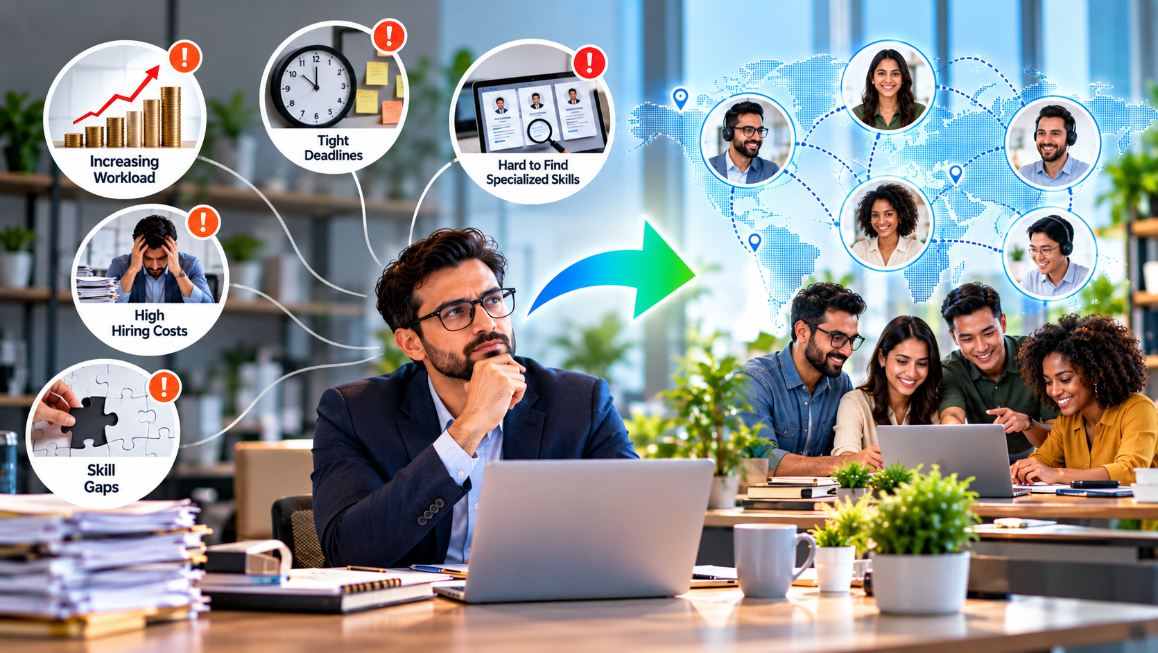 Infographic depicting a manager weighing high hiring costs, tight deadlines, and skill gaps against global remote team solutions.