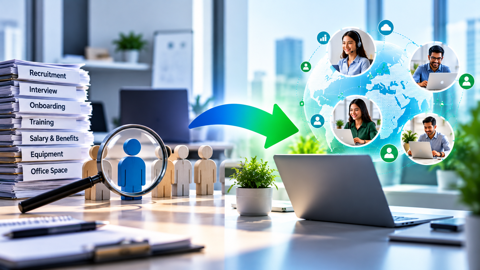 Magnifying glass over candidate figures pointing toward a digital globe representing outsourced accounting and remote business support services.