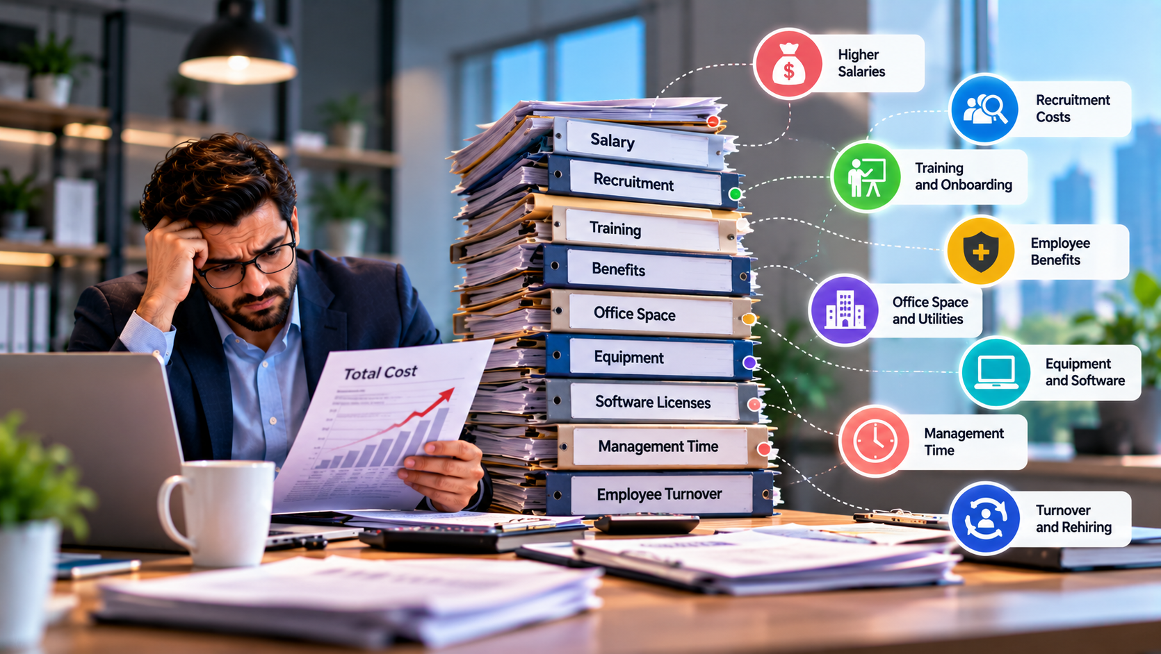 Stressed business professional reviewing a high hiring cost report next to a stack of binders showing recruitment, benefits, office space, and turnover costs.